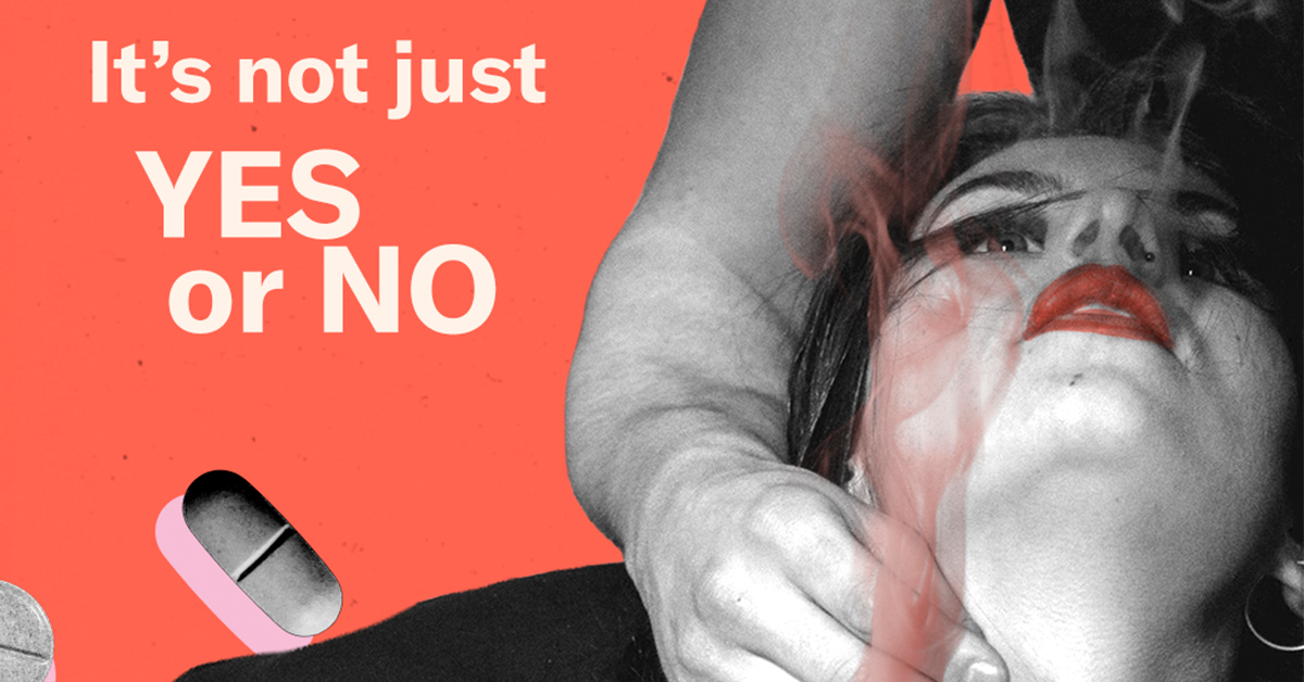 Consent, Substances & Regret: It’s Not Just Yes or No” on a minimal, clean background. The design conveys a reflective and educational tone, focusing on the complexity of consent, shifting states under substances, and emotional nuance in intimate situations.